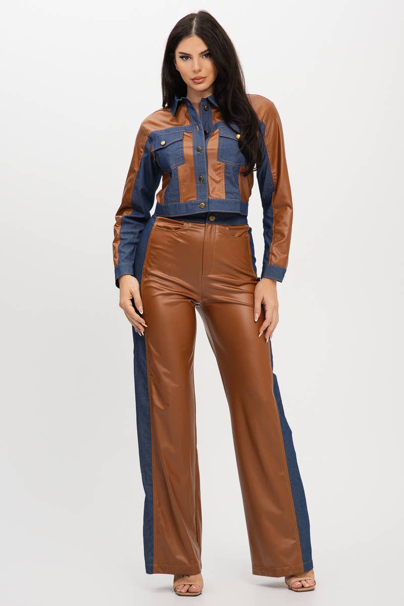 Pu Fabric Denim Contrast Jackets And Pants Set : Cognac / 1-2-2-1 (S-M-L-XL)