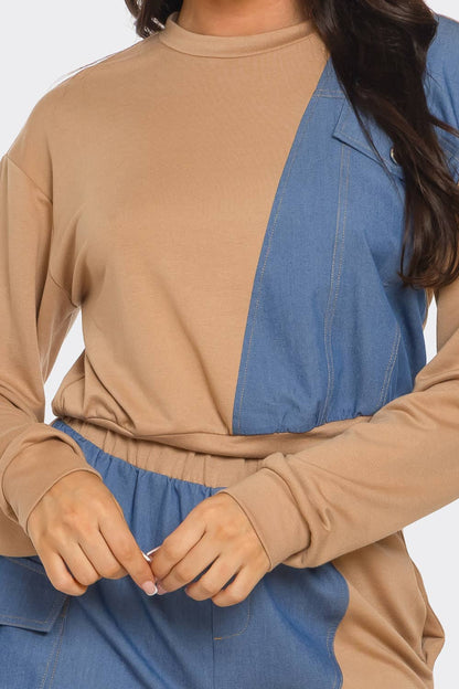 French Terry Color Block Denim Detail Top Pockets Pants Set: Black / 2-2-2 (S-M-L)
