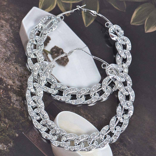 70mm Stoned Chain Hoop Earring: Silver