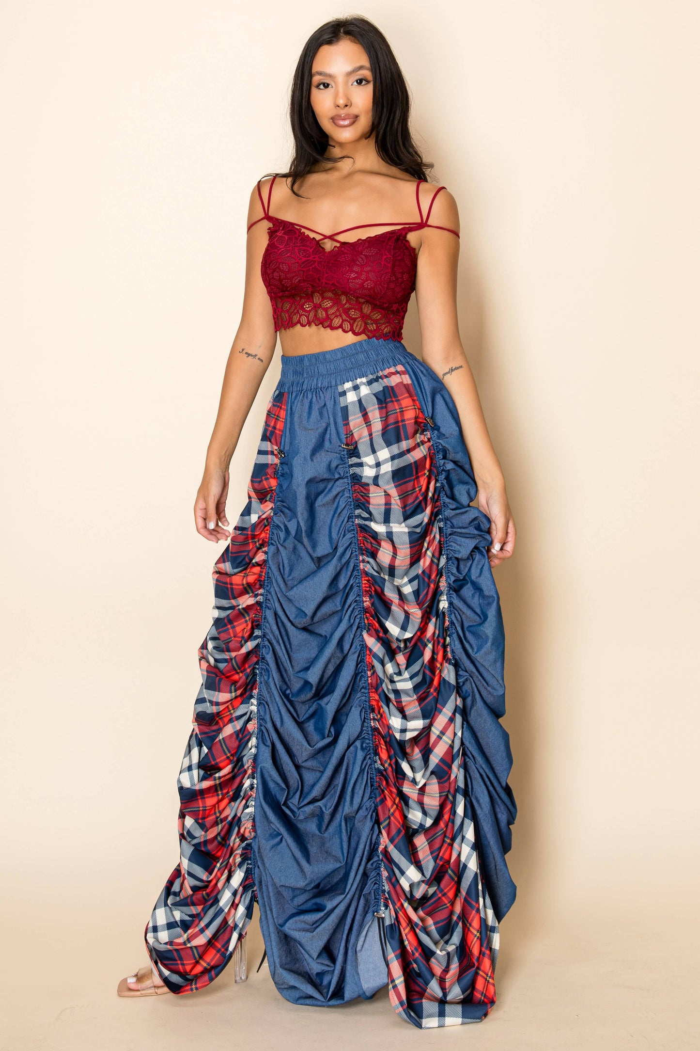 PLAID AND DENIM MAXI SKIRT WITH DRAWSTRINGS
