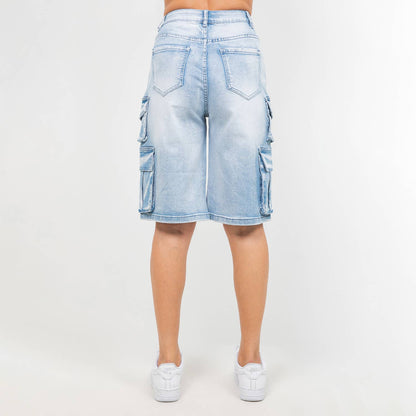 PLUS SIZE MULTIPLE POCKETS LIGHT WASH DENIM JORTS