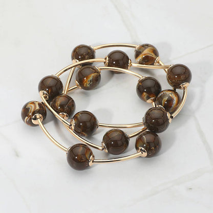 3PCS - Round Ball Wire Beaded Stretch Multi Layered Bracelets: Beige,Gold