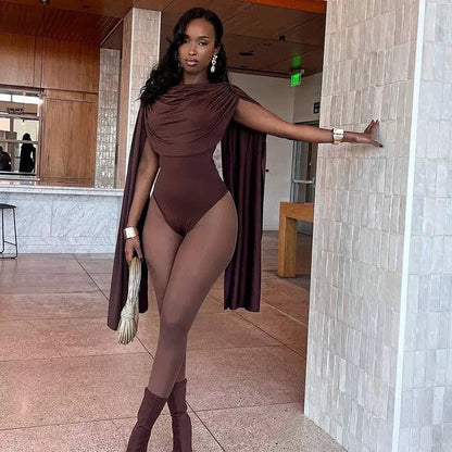 MB FASHION Draped Cape Sleeve Bodysuit 670: BLACK / M