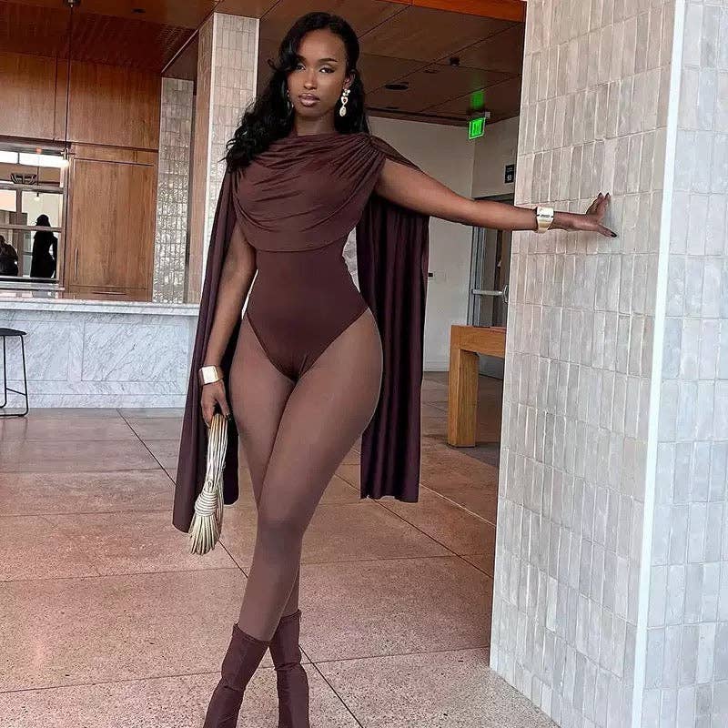 MB FASHION Draped Cape Sleeve Bodysuit 670: BURGUNDY / M