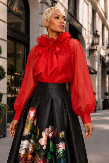 B11321 RUFFLE TIE NECKLINE ORGANZA TOP (RED, GRN, PNK): RED / XXL