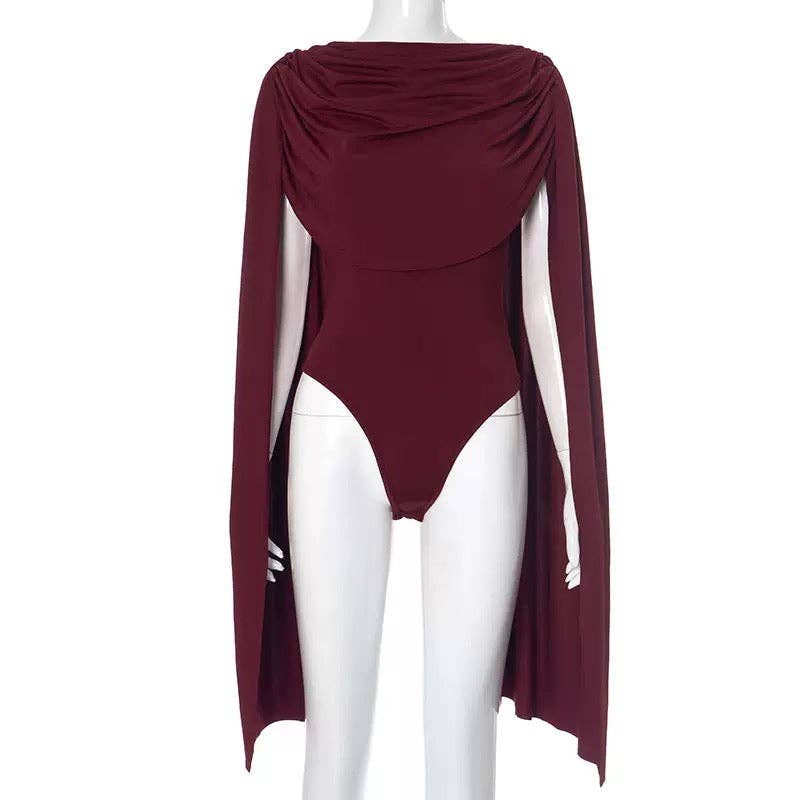 MB FASHION Draped Cape Sleeve Bodysuit 670: BURGUNDY / M