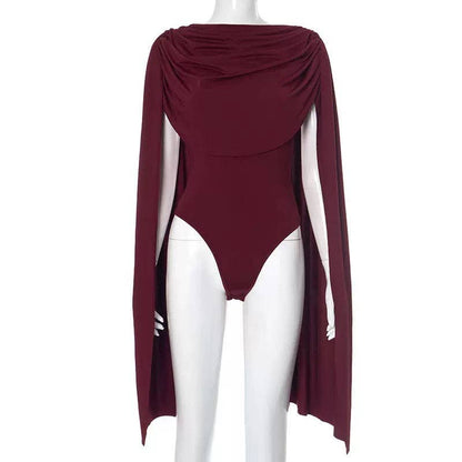 MB FASHION Draped Cape Sleeve Bodysuit 670: BURGUNDY / M
