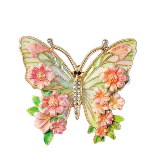 Encrusted Coralnote Floral Butterfly Brooc