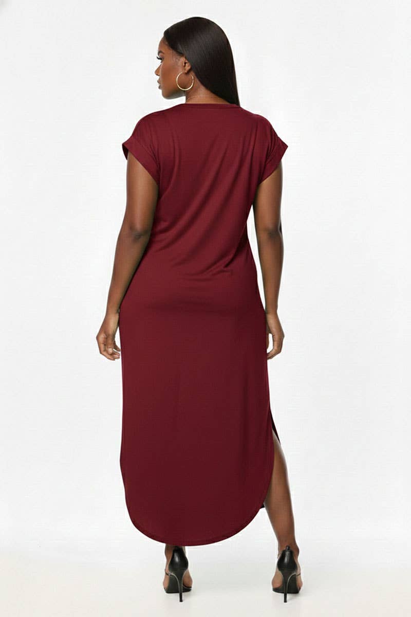 Plus Size Hidden Pocket Batwing Sleeve V Neck Long Dress: FUCHSIA / 1X
