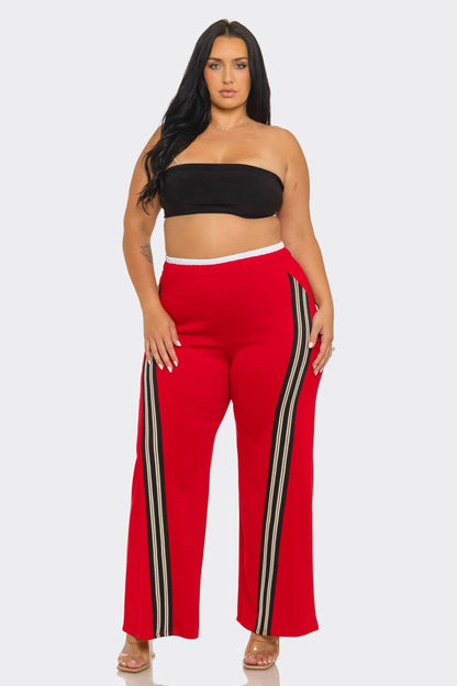 Plus Size Front Stripe Tapping Detail Wide Leg Pants: Black-White / 2-2-2 (1XL-2XL-3XL)