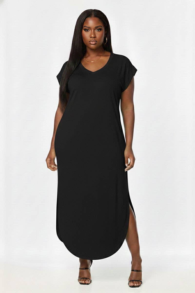 Plus Size Hidden Pocket Batwing Sleeve V Neck Long Dress: FUCHSIA / 1X