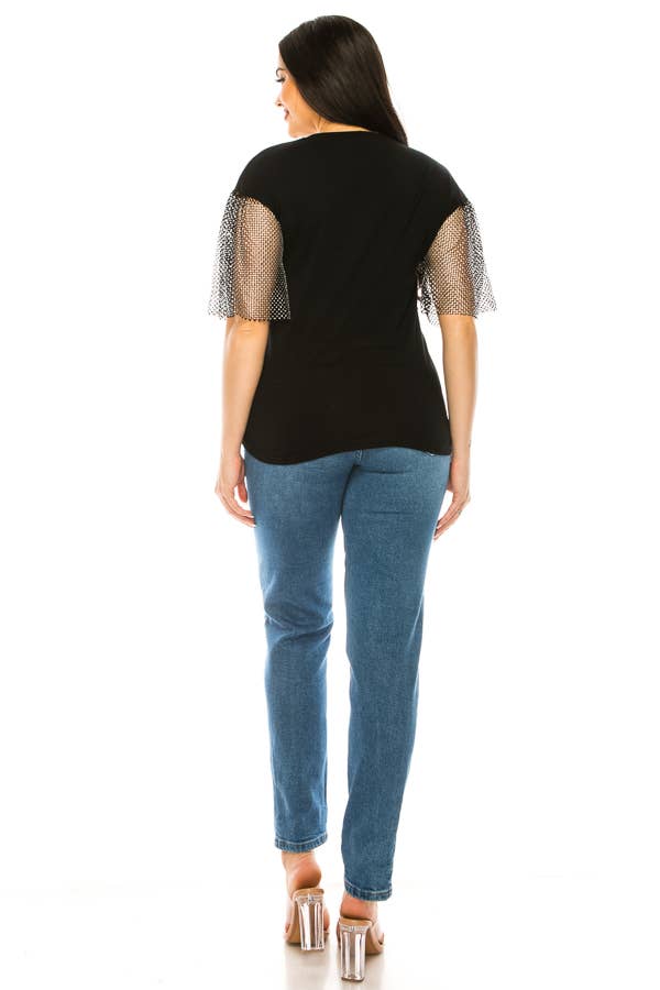 (ST2736)Fishnet Sleeves Mosaic T-shirts: White / L