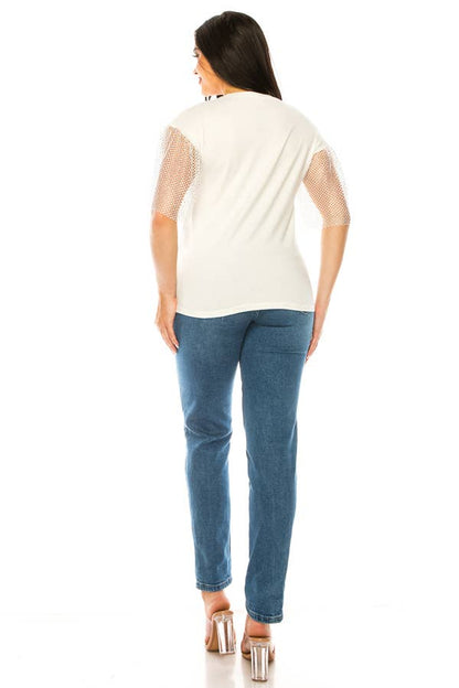 (ST2736)Fishnet Sleeves Mosaic T-shirts: Black / S