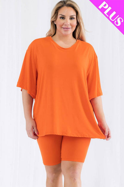 Plus Size Loose Fit Top & Bike Shorts Set: Taupe / 3X