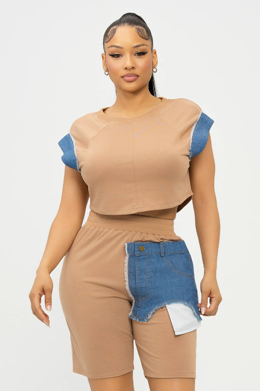 Color Block Denim Sleeve Top And Biker Shorts Set: Mocha-Denim / 1-2-2-1 (S-M-L-XL)