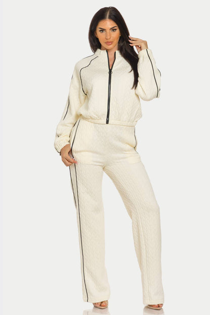 Pipping Stripes Front Zip Up Jacket And Pants Set : Cream / 1-2-2-1 (S-M-L-XL)