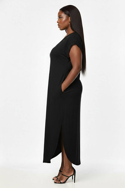 Plus Size Hidden Pocket Batwing Sleeve V Neck Long Dress: FUCHSIA / 2X