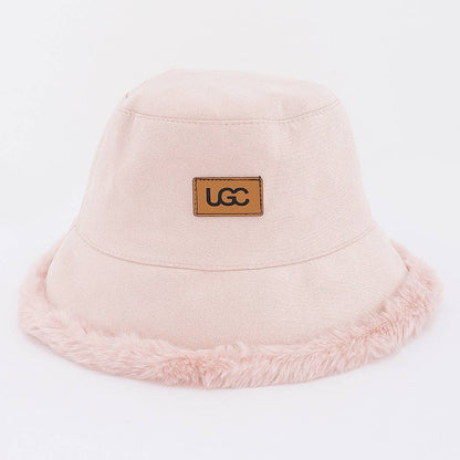 Fleece Trim Suede Bucket Hat With Logo Patch: BG