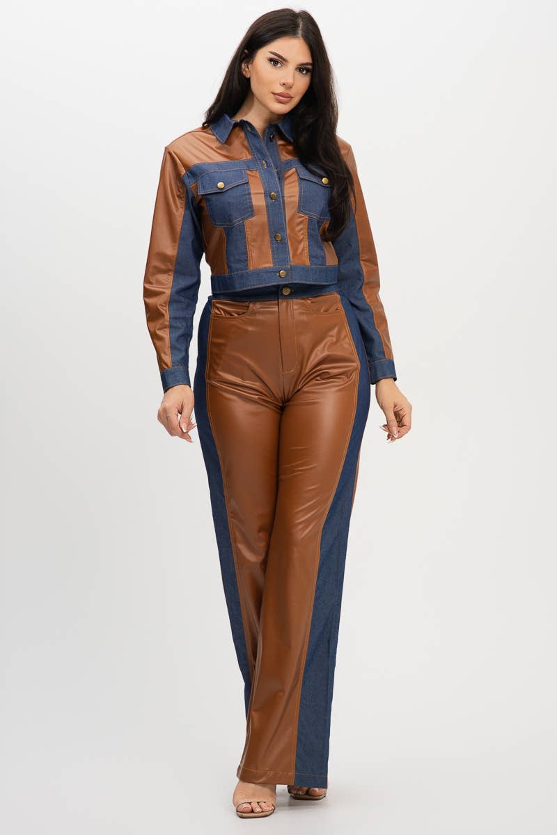Pu Fabric Denim Contrast Jackets And Pants Set : Cognac / 1-2-2-1 (S-M-L-XL)