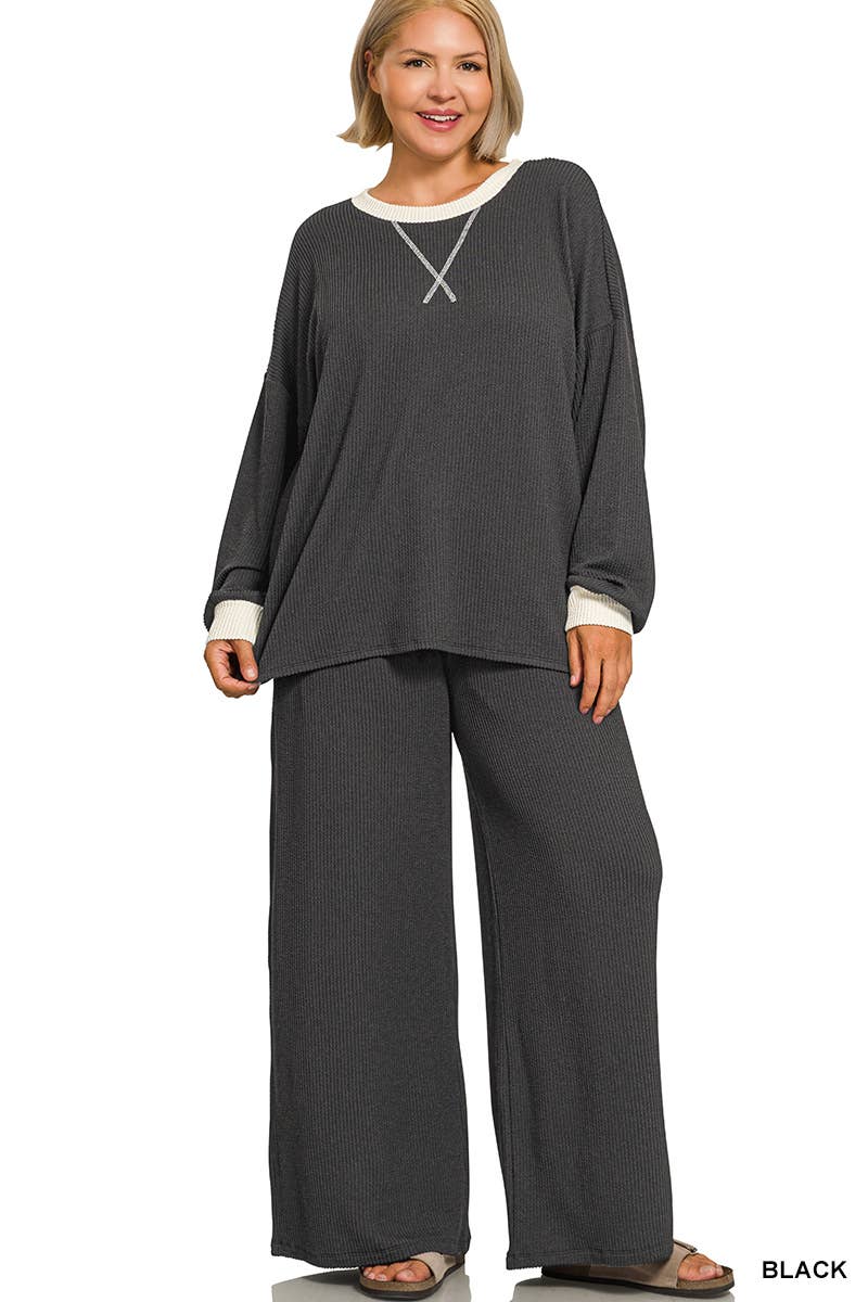 Plus Raised Rib Round Neck Pullover & Pants 2PC Set: +GREY-205252 / 3X