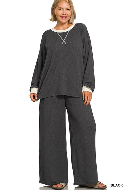 Plus Raised Rib Round Neck Pullover & Pants 2PC Set: +GREY-205252 / 3X