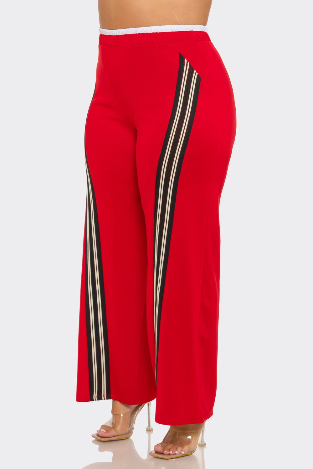 Plus Size Front Stripe Tapping Detail Wide Leg Pants: Black-White / 2-2-2 (1XL-2XL-3XL)