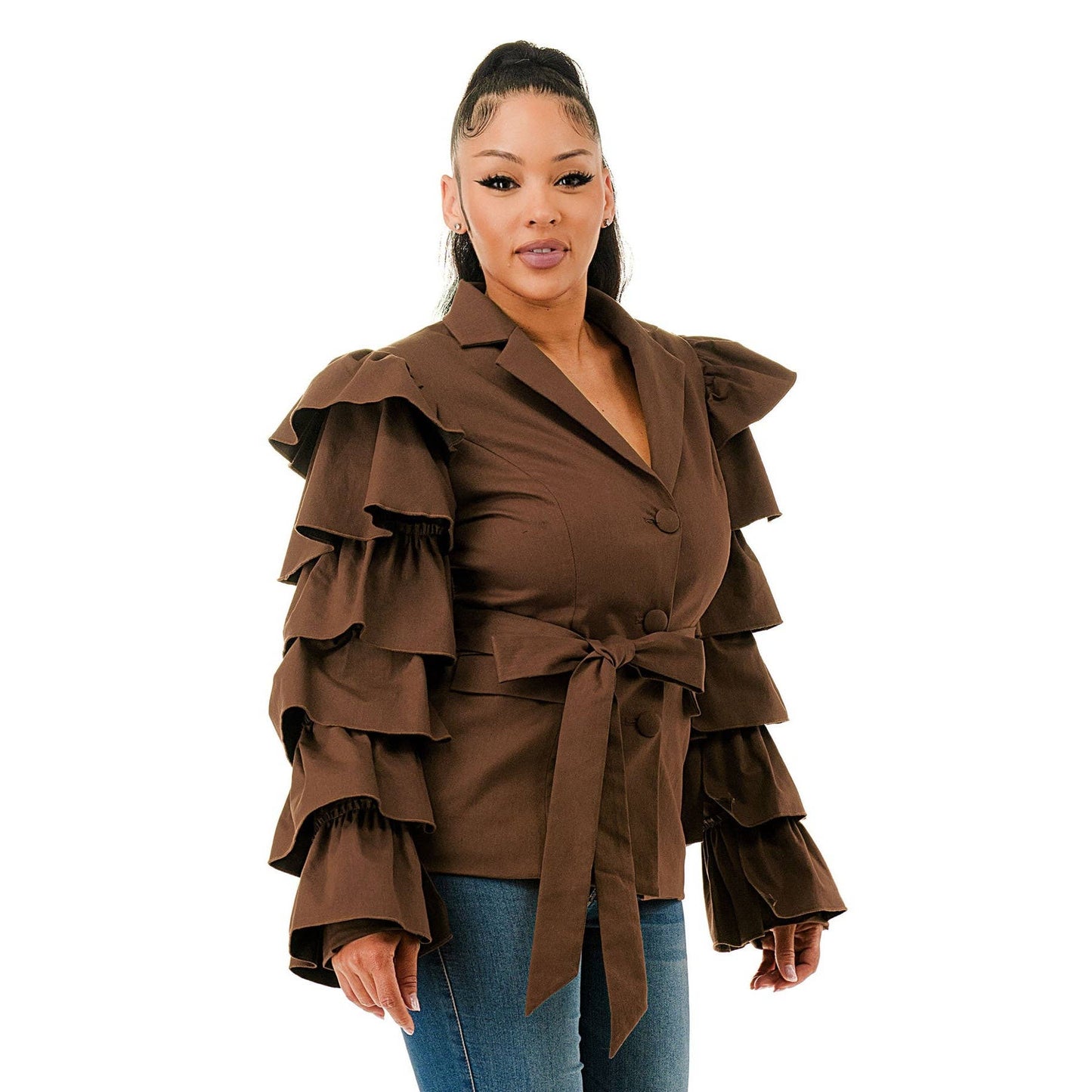 Plus Layered Ruffle Sleeve Waist Tie Blazer Jacket: OLIVE / 1XL-2XL-3XL(1-1-1)