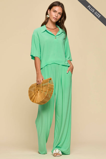 PLUS SIZE 2-Piece Blouse + Relaxed Pants Resort Wear Set: AQUA MINT / XL