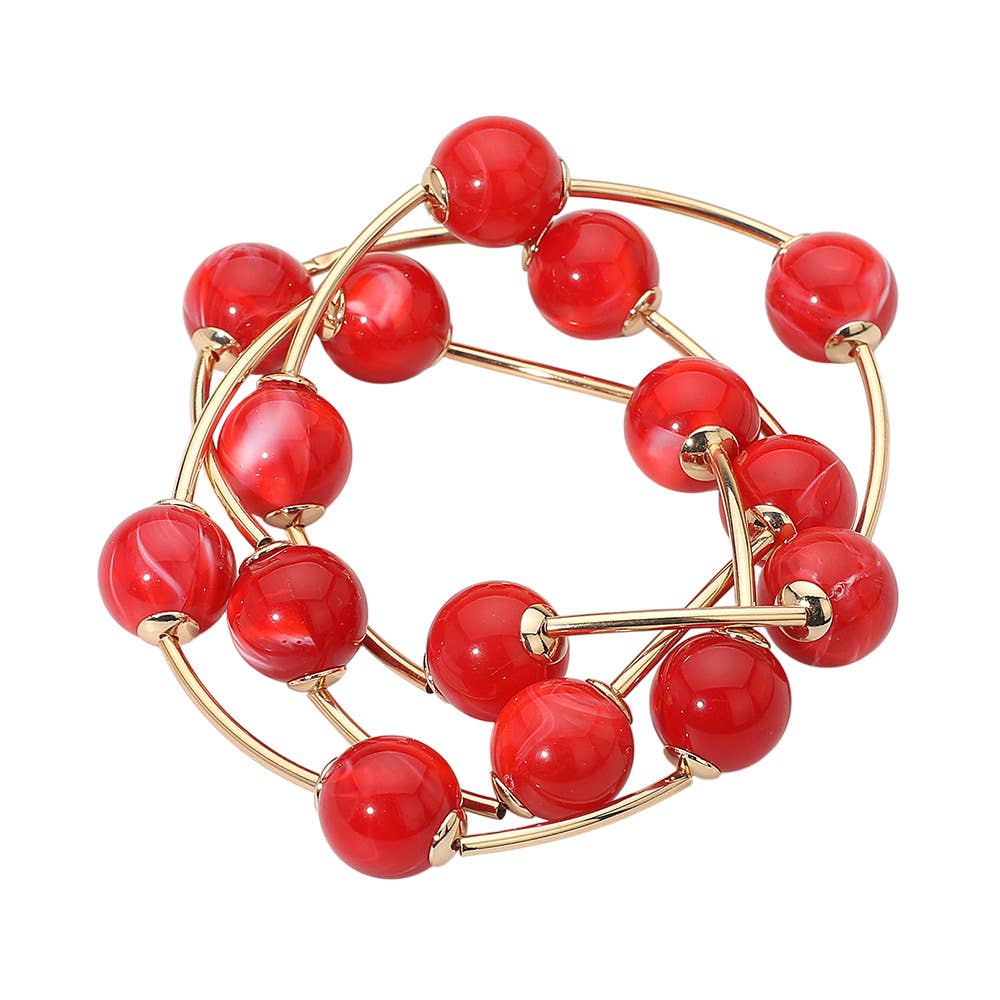 3PCS - Round Ball Wire Beaded Stretch Multi Layered Bracelets: Gold,Green