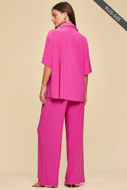 PLUS SIZE 2-Piece Blouse + Relaxed Pants Resort Wear Set: AQUA MINT / XL