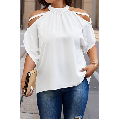 Plus Halter Open Shoulder Bat Sleeves Loose Top: WHITE / 2XL