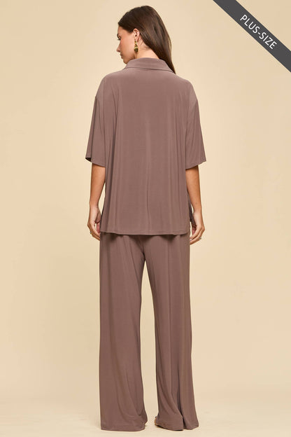 PLUS SIZE 2-Piece Blouse + Relaxed Pants Resort Wear Set: AQUA MINT / XL