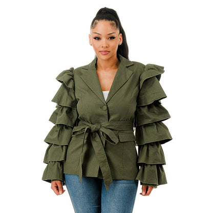 Plus Layered Ruffle Sleeve Waist Tie Blazer Jacket: OLIVE / 1XL-2XL-3XL(1-1-1)