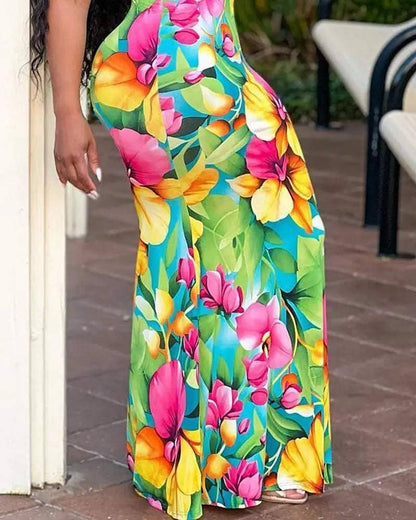 Floral plants print bandeau mermaid dress: GREEN / 1-1-1-1 / S-M-L-XL