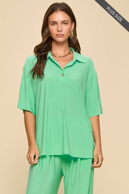 PLUS SIZE 2-Piece Blouse + Relaxed Pants Resort Wear Set: AQUA MINT / XL