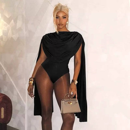 MB FASHION Draped Cape Sleeve Bodysuit 670: BLACK / M