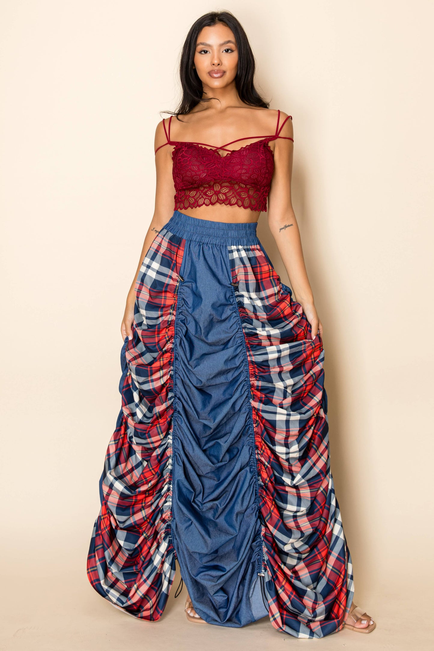 PLAID AND DENIM MAXI SKIRT WITH DRAWSTRINGS