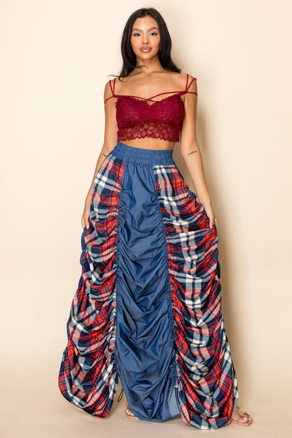 PLAID AND DENIM MAXI SKIRT WITH DRAWSTRINGS