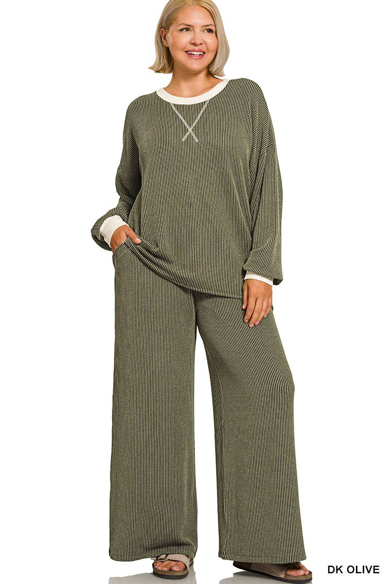 Plus Raised Rib Round Neck Pullover & Pants 2PC Set: +GREY-205252 / 2X