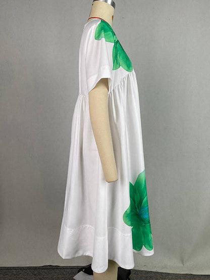 A-Line Loose Flower Print Pleated V-Neck Midi Dresses: GREEN / XL
