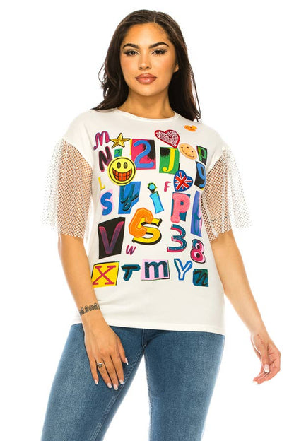 (ST2736)Fishnet Sleeves Mosaic T-shirts: Green / S