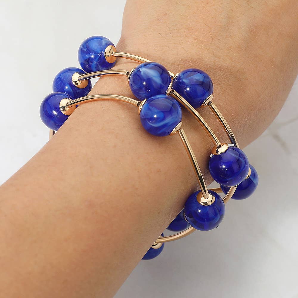3PCS - Round Ball Wire Beaded Stretch Multi Layered Bracelets: Gold,Turquoise