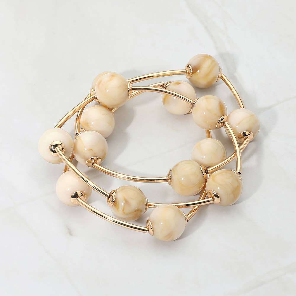 3PCS - Round Ball Wire Beaded Stretch Multi Layered Bracelets: Beige,Gold