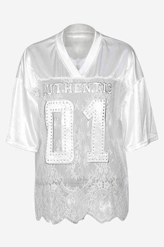 Rhinestone lace patchwork jersey: BLACK / 1-2-2-1 / S-M-L-XL