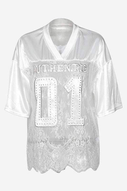 Rhinestone lace patchwork jersey: BLACK / 1-2-2-1 / S-M-L-XL