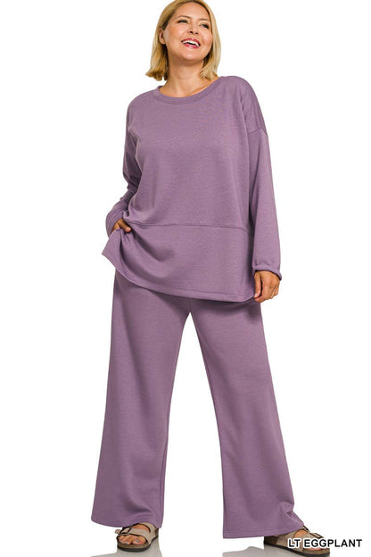 Plus Scuba Side Slit Top & Pants 2PC Set: +LT ROSE-203720 / 2X