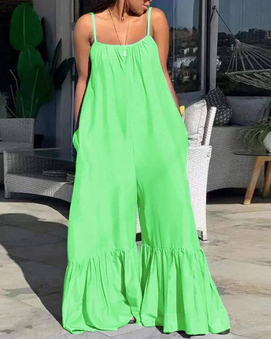 Sleeveless ruched pocket design bootcut jumpsuit: GREEN / 1-1-1-1 / S-M-L-XL