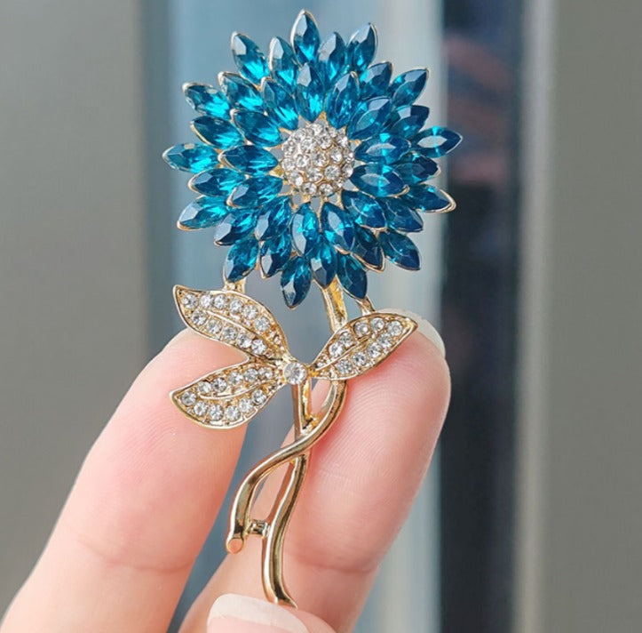 Encrusted Gold Blue Flower Brooch