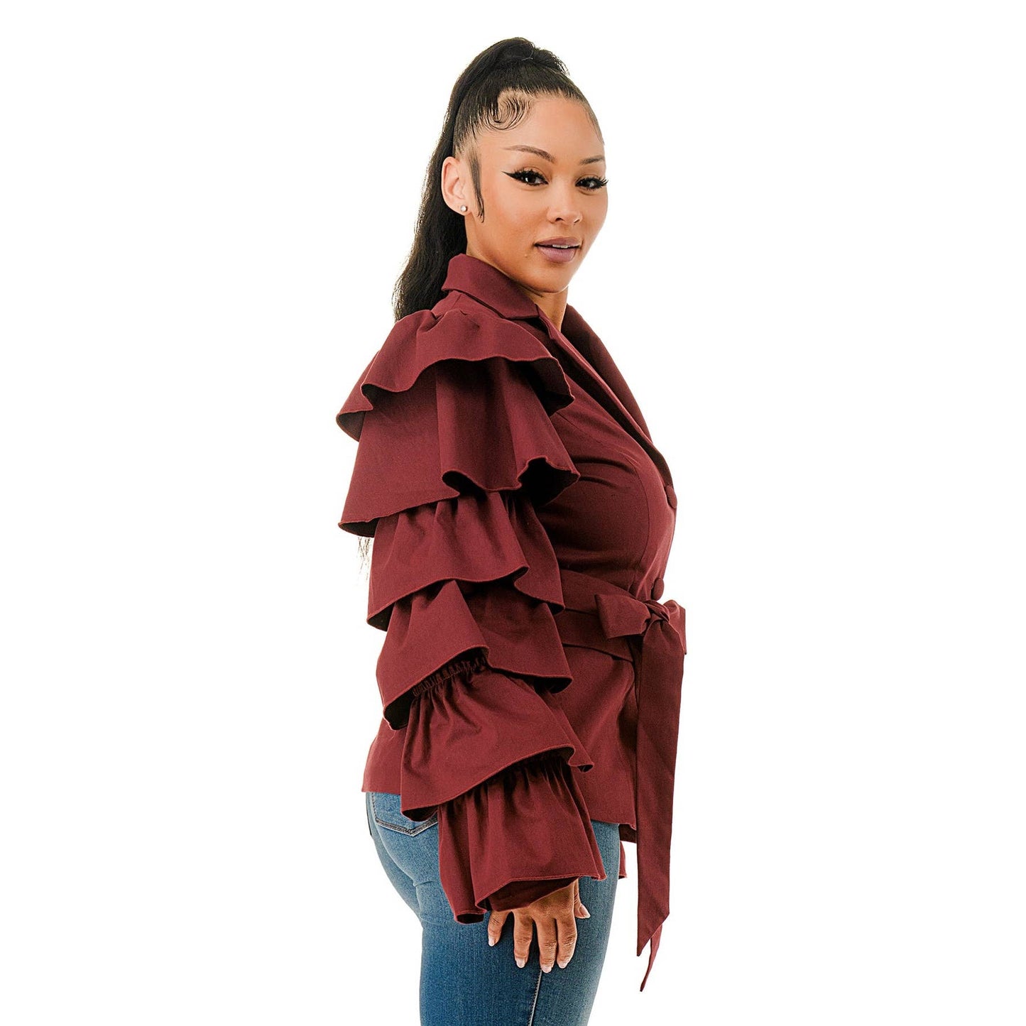 Plus Layered Ruffle Sleeve Waist Tie Blazer Jacket: OLIVE / 1XL-2XL-3XL(1-1-1)