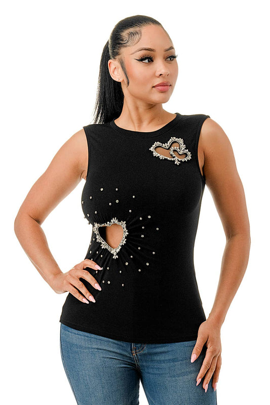 (ST3957)Crystal Beaded Knit Crop Top: Black / M
